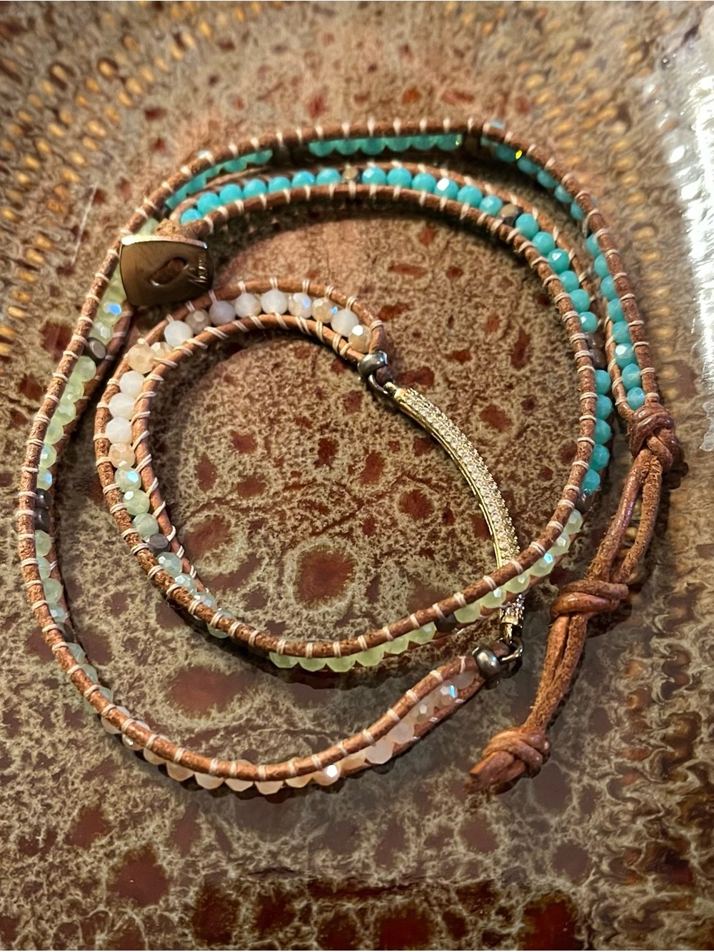 Nakamol Boho Brown Leather Wrap Bracelet with Turquoise and Mint Faceted Stones